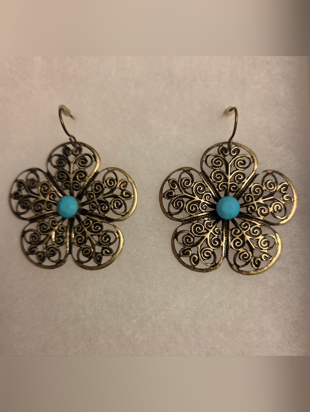 Turquoise Center Filigree Flower Drop Earrings - Women Jewelry